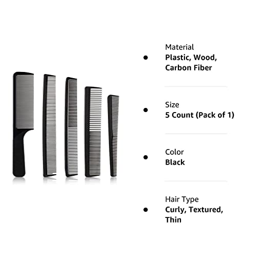 5 Pieces Hair Cutting Comb Barber Comb Hair Styling Combs Fine Teeth Carbon Comb Set Anti Static Heat Resistant Hairdressing Tapered Comb for Men Women (Classic Combs)