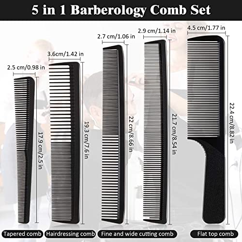 5 Pieces Hair Cutting Comb Barber Comb Hair Styling Combs Fine Teeth Carbon Comb Set Anti Static Heat Resistant Hairdressing Tapered Comb for Men Women (Classic Combs)