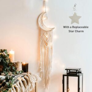 boho macrame woven wall hanging, crochet crescent moon star dream catcher with long tassel- white cotton handmade bohemian nursery decor decoration art craft for kids bedroom dorm room