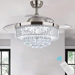 42inches Brushed Nickel crystal Ceiling Fan Indoor with Light and Remote,Ceiling Fans Retractable Blades Bedroom Ceiling Fan with Lights and Remote Control LED Ceiling Fan Light Kit