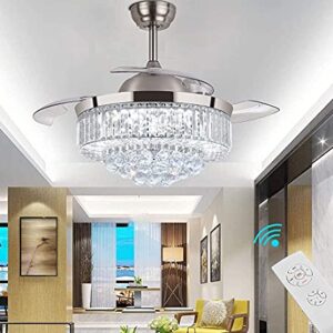 42inches Brushed Nickel crystal Ceiling Fan Indoor with Light and Remote,Ceiling Fans Retractable Blades Bedroom Ceiling Fan with Lights and Remote Control LED Ceiling Fan Light Kit