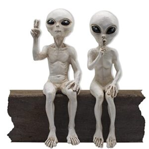 john bernard & company alien invasion shelf sitters 'peace & quiet' 10” h ufo garden alien statues figurine set funny home and garden décor – antique white