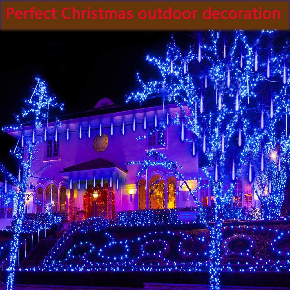 Kwaiffeo Christmas Lights, Meteor Shower Lights 12 inch 8 Tube Rain Falling Icicle Cascading Lights for Xmas Tree Halloween Decoration Wedding Party, Christmas Decorations Outdoor Yard, UL Plug Blue