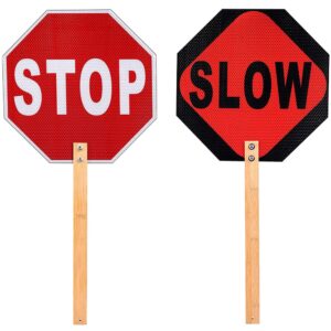 kichwit stop slow sign, 13" double sided handheld stop sign, street slow reflective sign with bamboo handle, aluminum