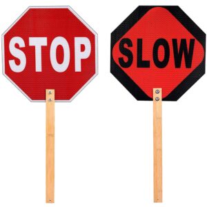 Kichwit Stop Slow Sign, 13" Double Sided Handheld Stop Sign, Street Slow Reflective Sign with Bamboo Handle, Aluminum