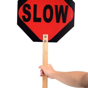 Kichwit Stop Slow Sign, 13" Double Sided Handheld Stop Sign, Street Slow Reflective Sign with Bamboo Handle, Aluminum