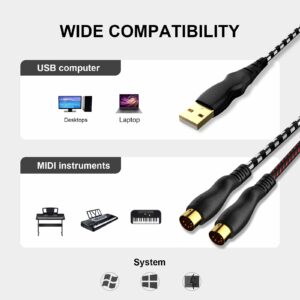 NUOSIYA USB to MIDI Cable 6.5Ft, USB MIDI Interface Adapter,MIDI to USB Cable Converter ​for Music Keyboard Piano to PC Mac Laptop Windows Android