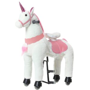 ponyeehaw ride on unicorn toys, kids riding unicorn toys ride on toys for 6-14 years old, premium plush animals toys walking unicorn with wheels (white and pink, 31.5" l x 13" w x 36.2" h)