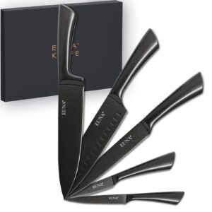 euna 5 pcs kitchen knife set [durable & sharp], all metal chef knife set with sheaths and gift box, premium german stainless steel knife with ergonomic handle, rust-resistant cooking knives