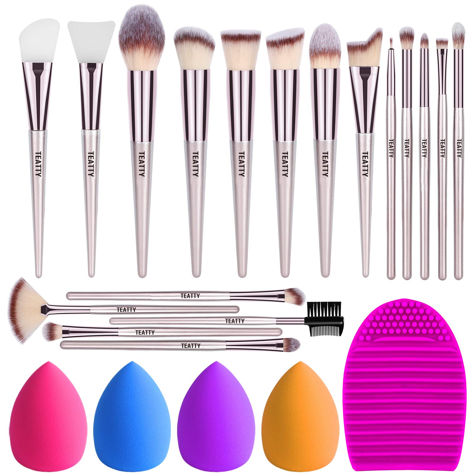 TEATTY Makeup Brush 18 Pcs Premium Synthetic Blending Foundation Blush Eyeshadow Concealers Face Powder Makeup Brushes Set 2 PCs Silicone Face Mask Brush&4 Blender Sponge&1 Brush Cleaner