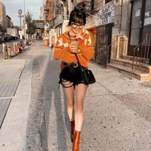 YEMOCILE Knitted Sweater for Women with Cute Ghost Pattern Gothic Streetwear with Long Sleeves for Girls Orange