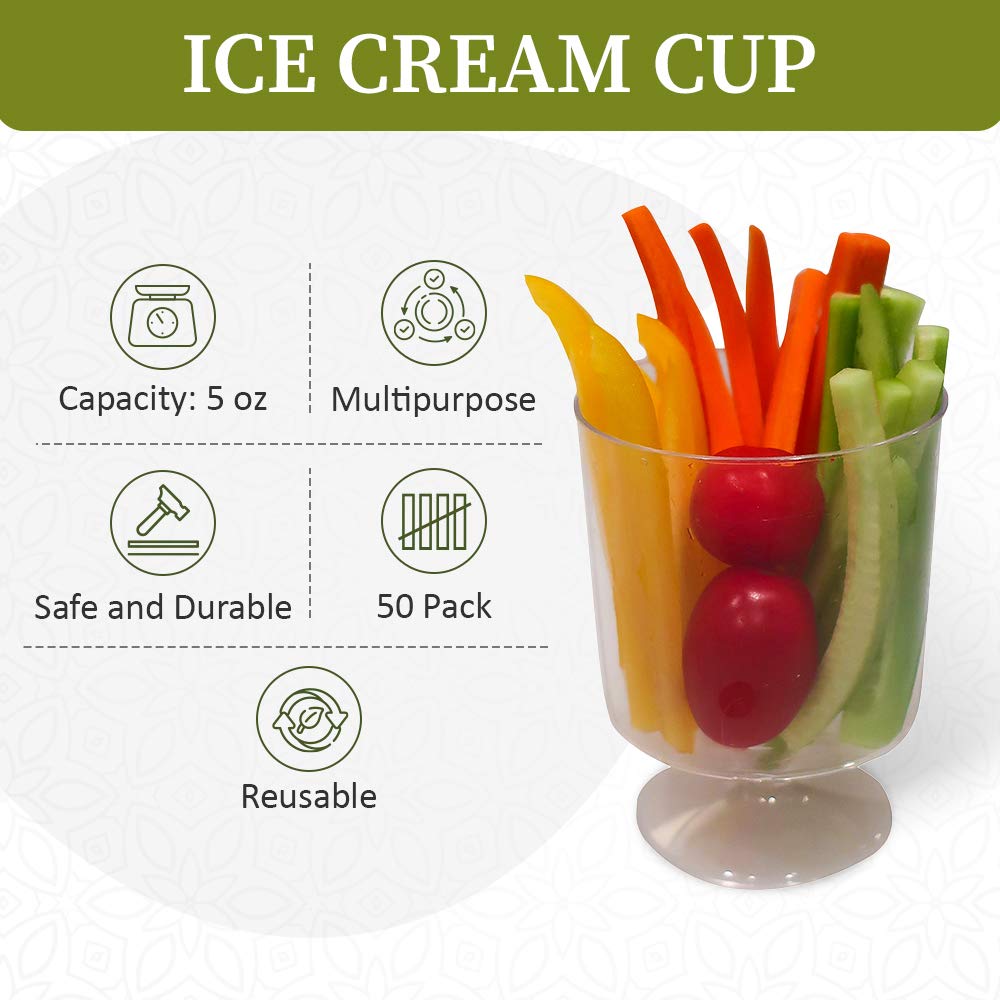 Oasis Creations 5 oz Ice Cream Cup - Medium Large Dessert Cup- 50 Cups - Disposable Appetizer Cups- Wine Goblet Glasses- Disposable or Reusable- 1 piece