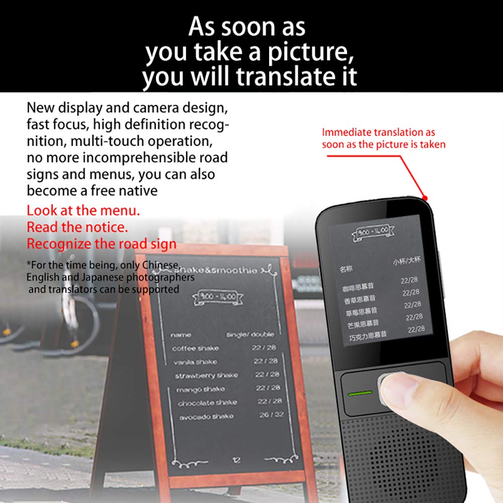 Language Translator Portable Instant Translator Device Support WiFi/Hotspot/Offline Two- Way Real Time Online 137 Languages with 2.4Inch Touch Screen Recording Smart Translator（Black）