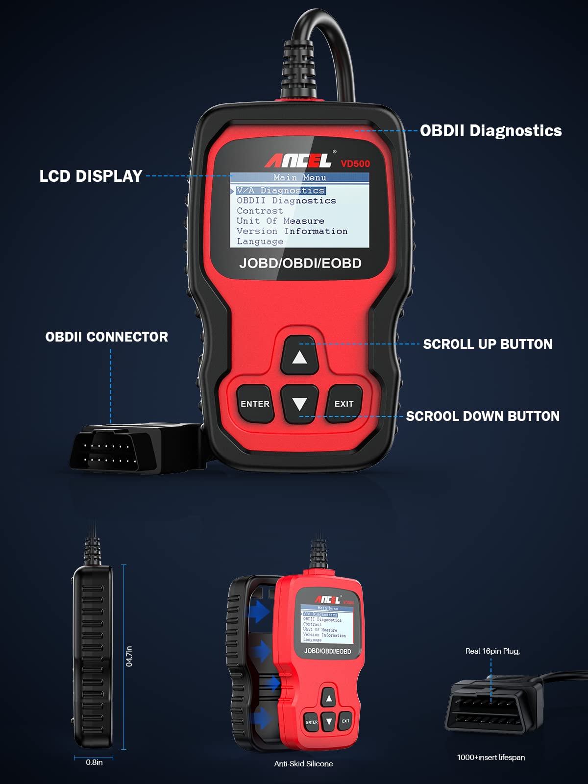 ANCEL VD500 OBD II Diagnostic for VAG Engine EPB ABS SRS Code Reader Oil Throttle Position Adaption Brake Reset with ANCEL BST200 12V Car Battery Load Tester