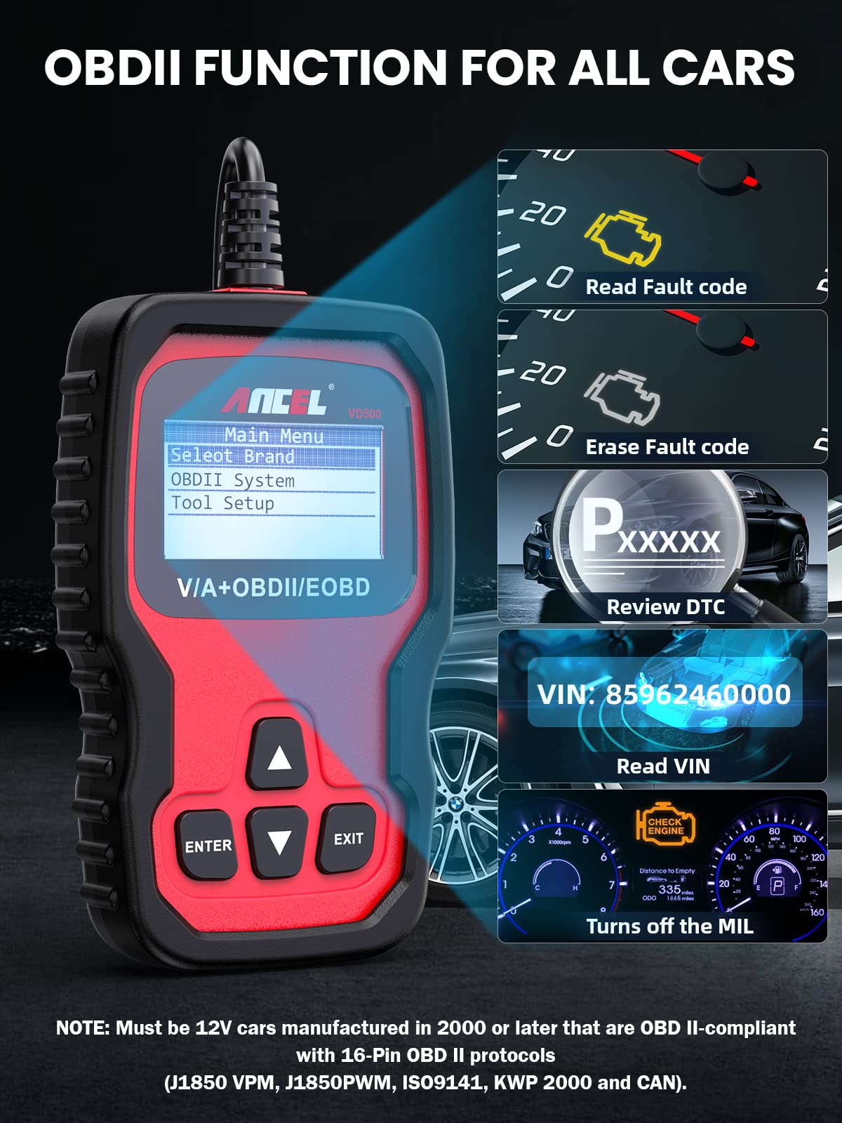 ANCEL VD500 OBD II Diagnostic for VAG Engine EPB ABS SRS Code Reader Oil Throttle Position Adaption Brake Reset with ANCEL BST200 12V Car Battery Load Tester