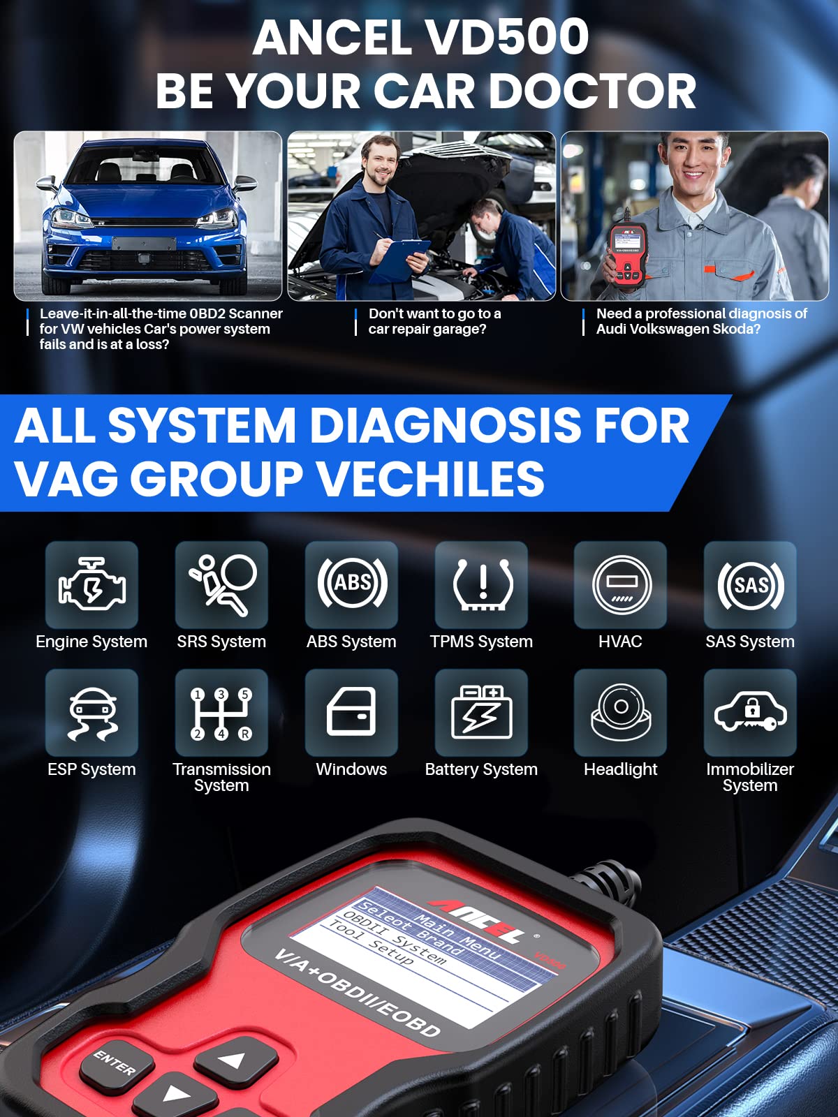 ANCEL VD500 OBD II Diagnostic for VAG Engine EPB ABS SRS Code Reader Oil Throttle Position Adaption Brake Reset with ANCEL BST200 12V Car Battery Load Tester