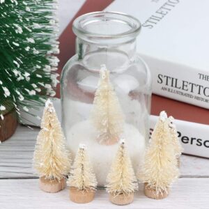 Ioffersuper 12Pcs Mini Sisal Trees with Wood Base Artificial Christmas Pine Trees Bottle Brush Trees for Winter Snow Miniature Scenes DIY Christmas Crafts Xmas Holiday Home Desk Tabletop Decor