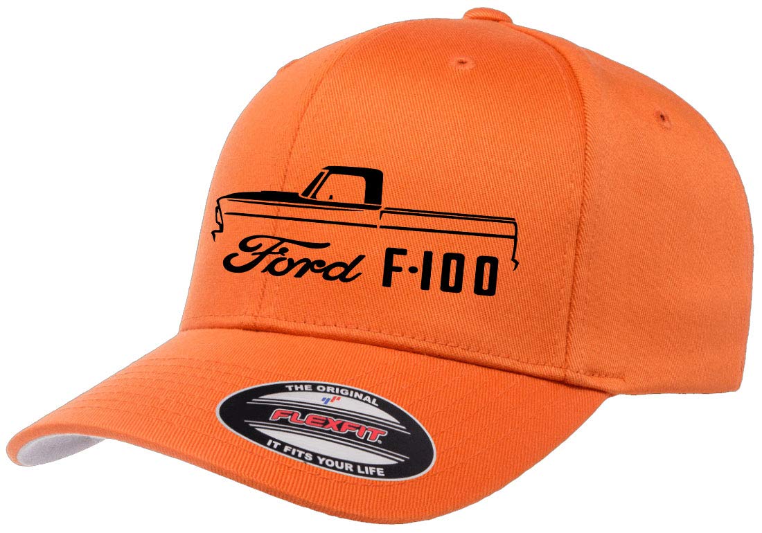 1967-1972 Ford F100 Pickup Truck Outline Design Flexfit 6277 Athletic Baseball Fitted Hat Cap Orange S/M