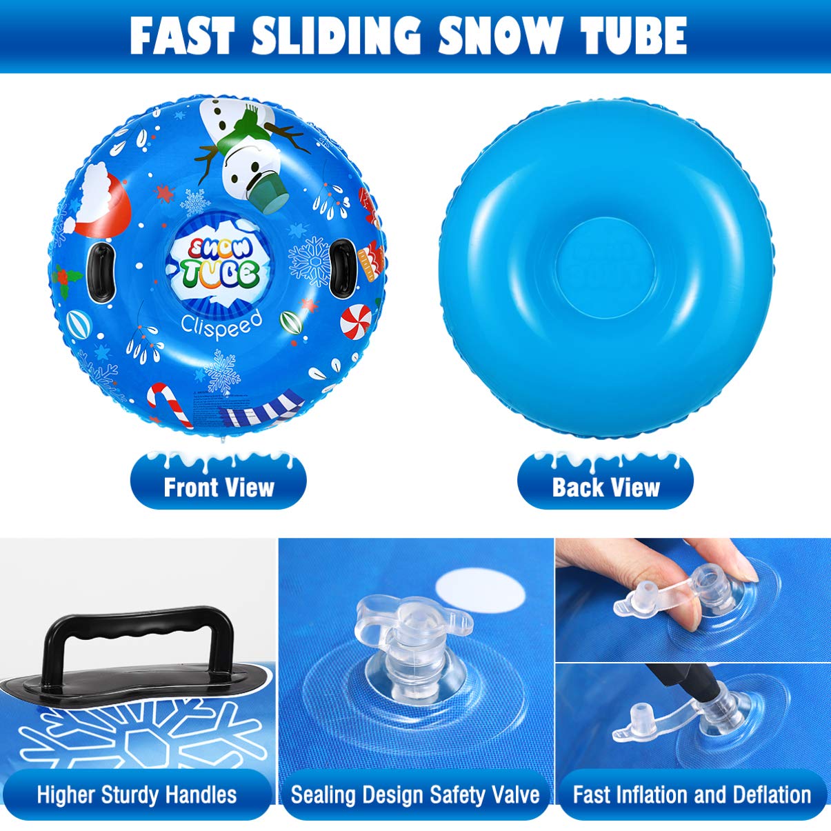 CLISPEED Snow Tube 47 Inch Large Inflatable Snow Sled 0.6MM Thickened Heavy Duty Snow Sledding Tube with Handles for Kids Adults Winter Outdoor Sledding Skiing