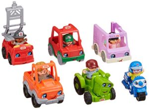 fisher-price little people friendly neighborhood vehicle gift set, toddlers explore different roles people play in their neighborhood with this set featuring 6 roll-along vehicles and figures