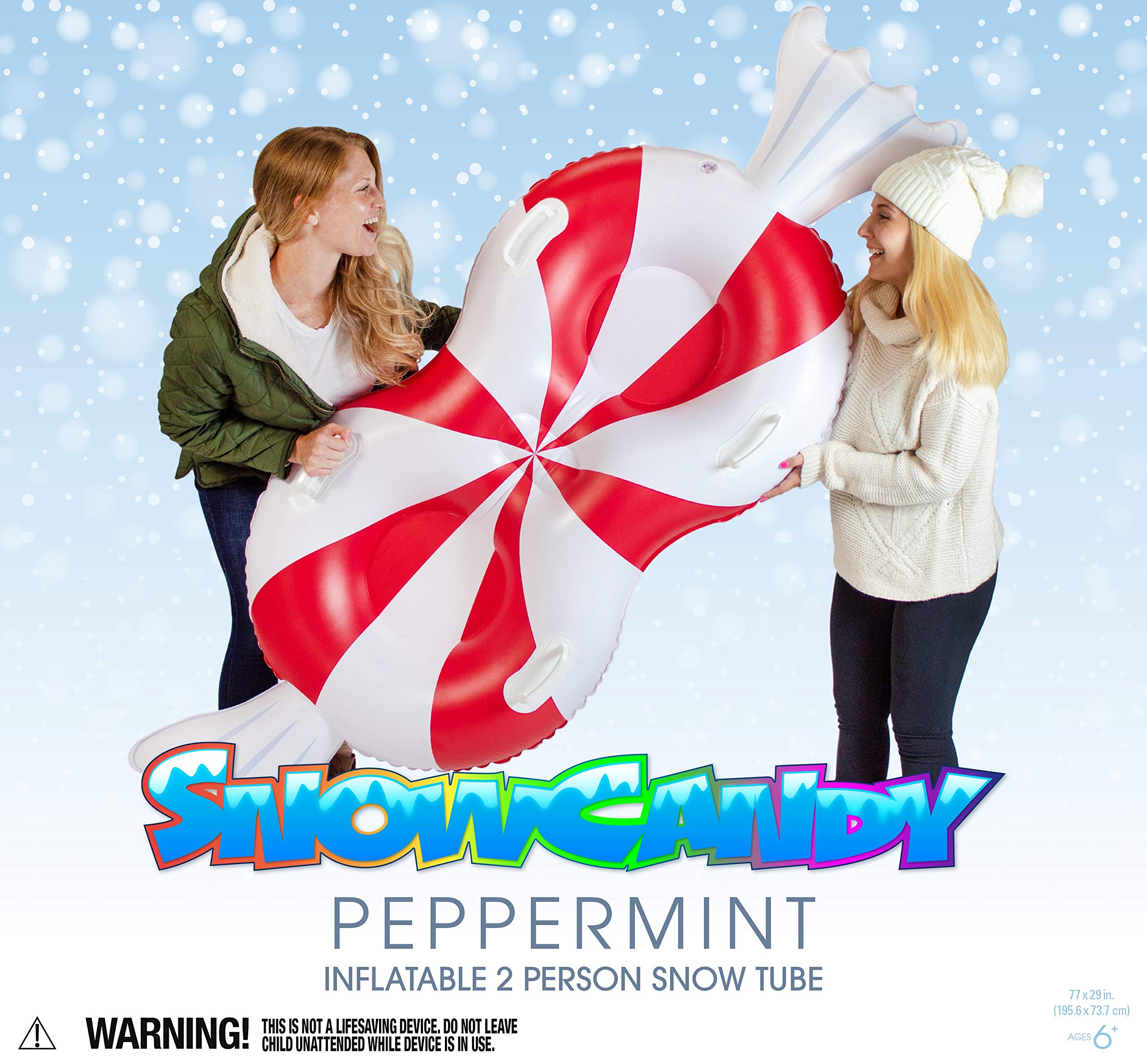 SnowCandy Inflatable Summer & Winter Outdoor Sleds, Tubes, & Floats. The Inflatable Toy Rated for The Beach or The Snow Slopes (Peppermint 2 Person Snow Sled & Pool Beach Float)