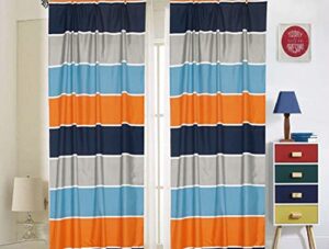 sapphire home 2 panel curtain set, vibrant multi-color, blue orange gray stripes print multicolor boys kids girls teen room décor, (curtain, navy/orange)