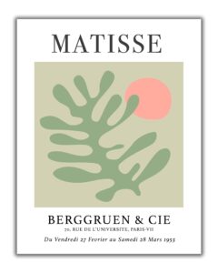 matisse-inspired no.16 exhibition wall art print. 11x14 unframed. abstract, minimalist modern wall decor. cut-out botanical shapes in shades of sage green & pink on gray.
