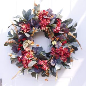 abbie home 24" artificial fall floral wreath with handmade red hydrangea series rustic leaves red berry for front door wall window decor and thanksgiving harvest festival celebration