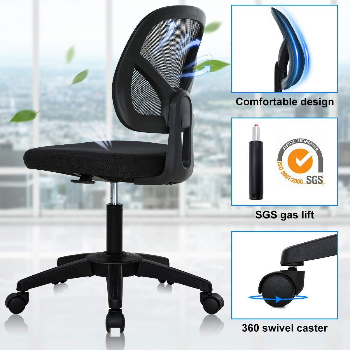 BestShop Home Office Chair Computer Chair Mid Back Mesh Chair Height Adjustable Student Chair Ergonomic Desk Chair Task Chair No Armrest Executive Rolling Swivel Chair with Casters, Black