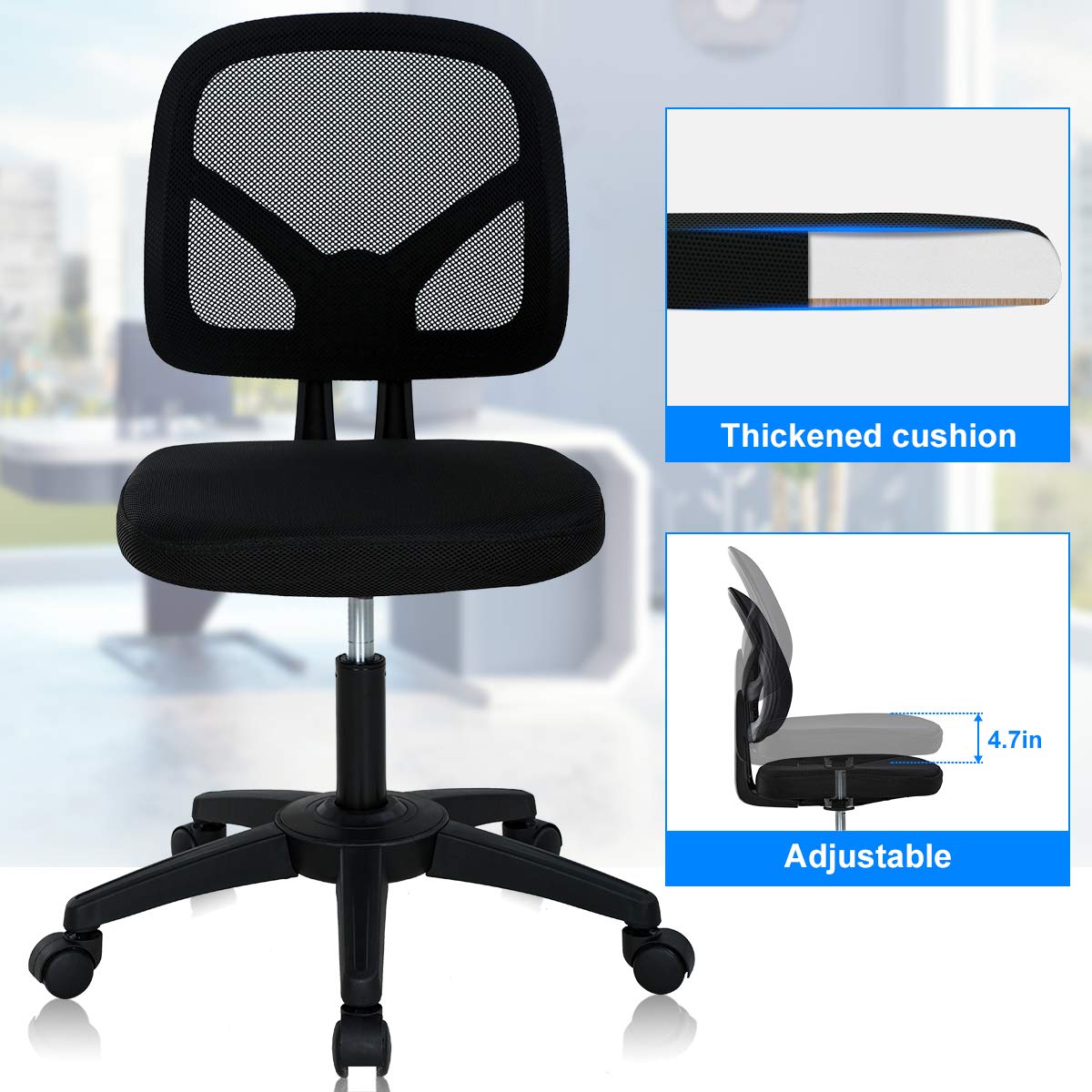 BestShop Home Office Chair Computer Chair Mid Back Mesh Chair Height Adjustable Student Chair Ergonomic Desk Chair Task Chair No Armrest Executive Rolling Swivel Chair with Casters, Black