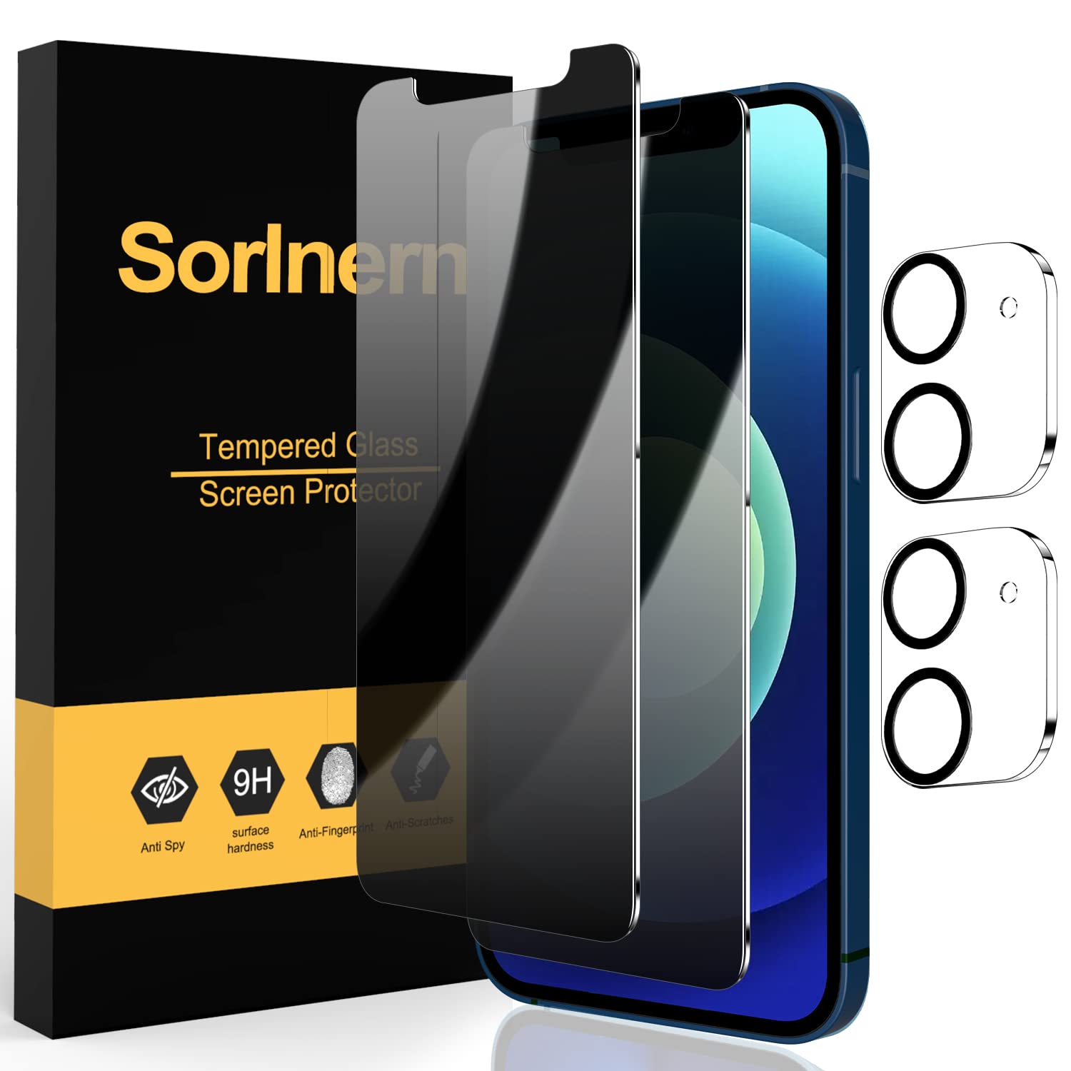 Solnern 2 Pack Privacy Screen Protector for iPhone 12 Pro 6.1 Inch with 2 Pack Camera Lens Protector, Anti Spy Tempered Glass Film, Anti-Scratch