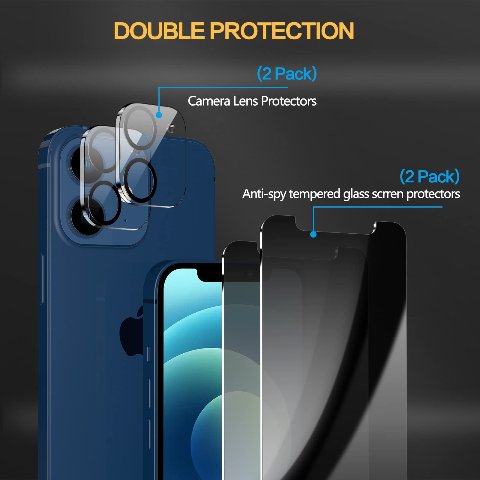 Solnern 2 Pack Privacy Screen Protector for iPhone 12 Pro 6.1 Inch with 2 Pack Camera Lens Protector, Anti Spy Tempered Glass Film, Anti-Scratch