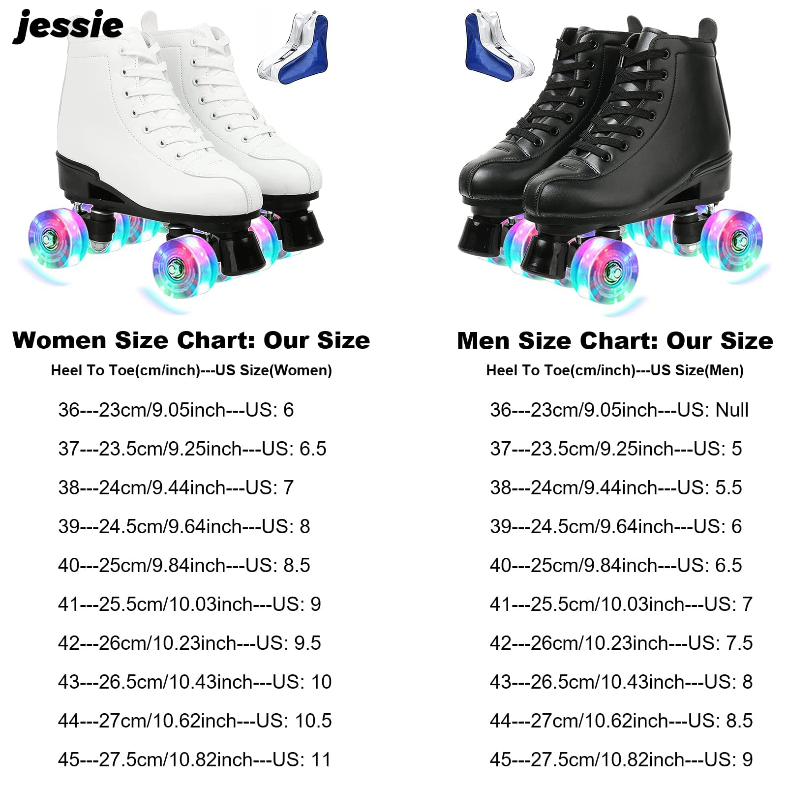 Jessie Women's Roller Skates High Top Double Row Roller Skates Adjustable Roller Skates with Flashing Wheels for Boys and Girls (White Flash Wheel,7.5)