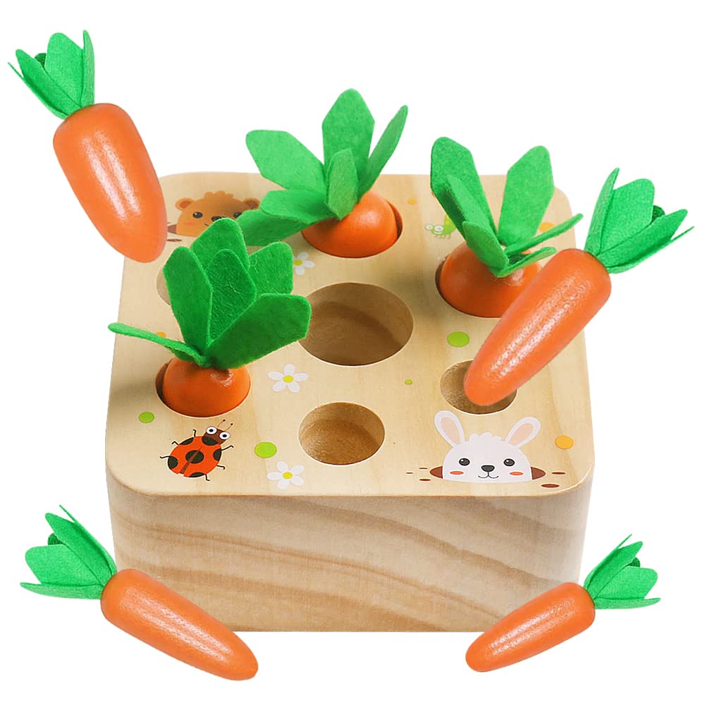 Wooden Toys for 1 2 3 Year Old Baby Boys and Girls, Montessori Toy Carrot Harvest Game Shape & Sorting Matching Puzzle, Educational Developmental Birthday Gifts for Babies Toddlers Kids 12 Months