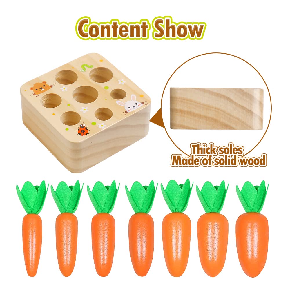 Wooden Toys for 1 2 3 Year Old Baby Boys and Girls, Montessori Toy Carrot Harvest Game Shape & Sorting Matching Puzzle, Educational Developmental Birthday Gifts for Babies Toddlers Kids 12 Months