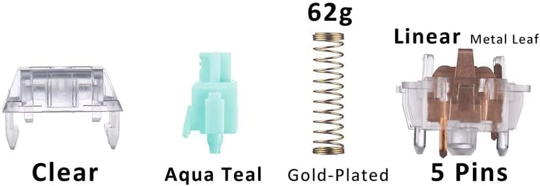 ZugGear Linear Switches 62g Transparent Aqua Teal Switch with Gold-Plated Spring Smooth Creamy Green Stem 5 Pins Linear Keyswitch (DUROCK L2 Clear, 20pcs)