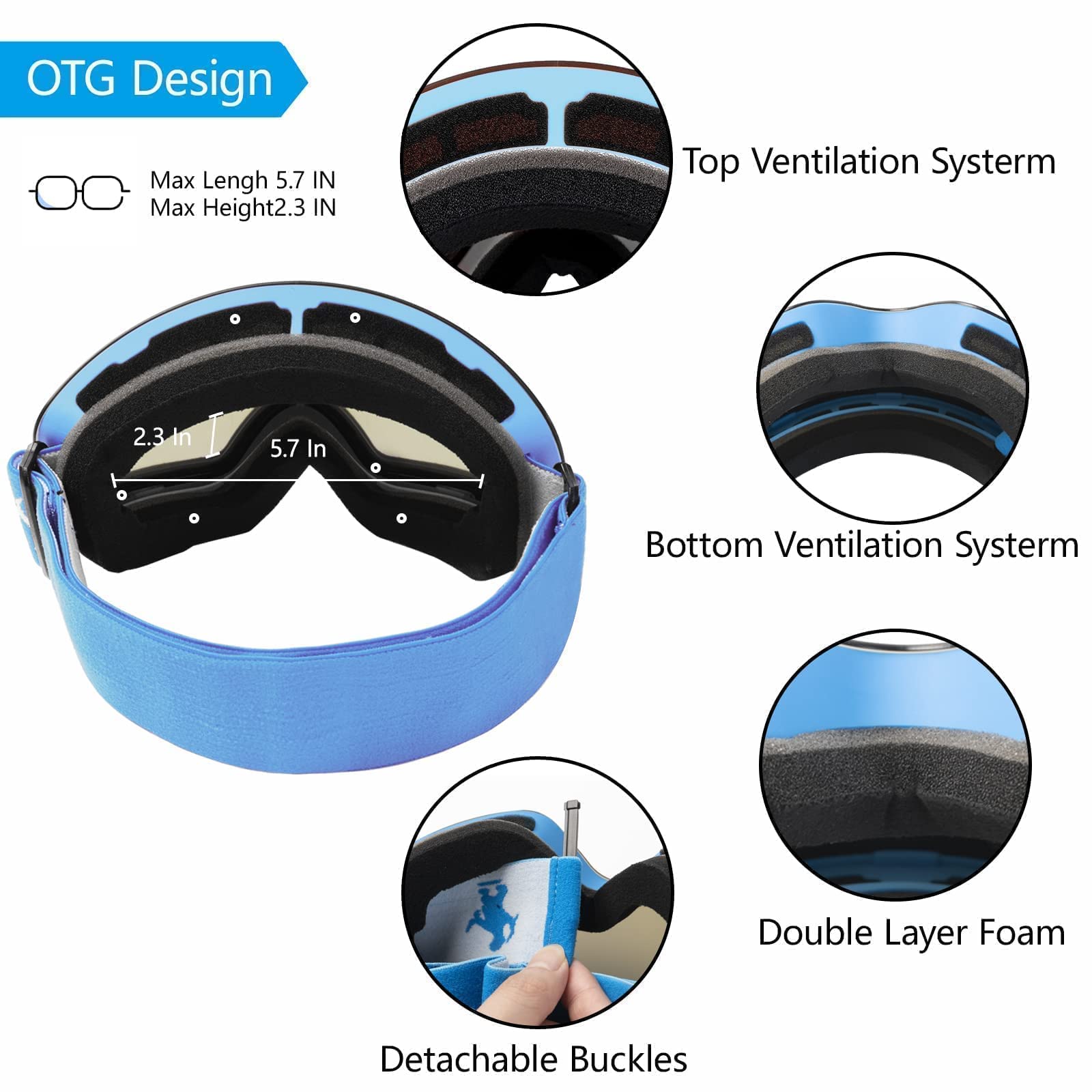 Ski Goggles for Men Women - OTG Snowboard Goggles with Framless Anti-Fog Spherical Lens