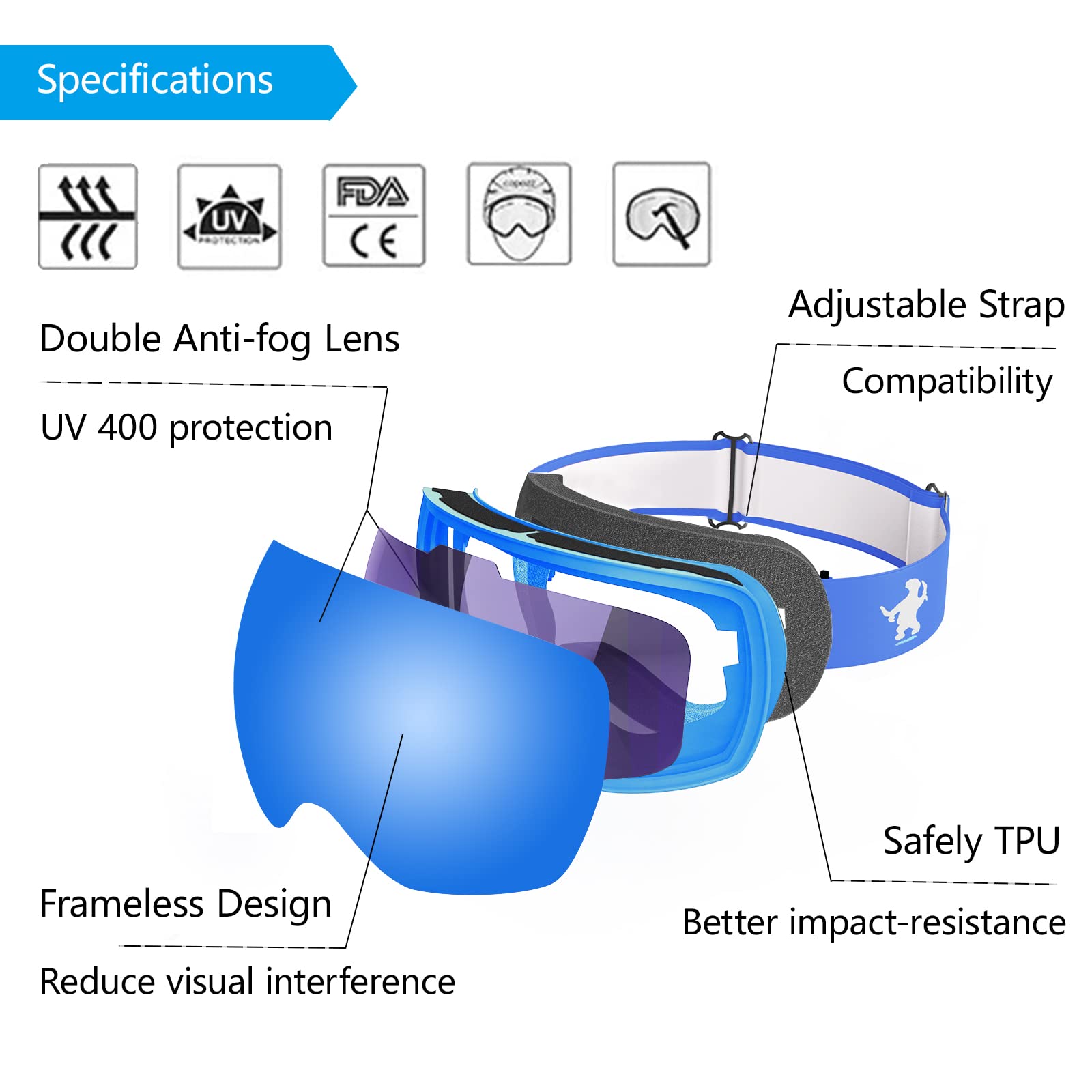 Ski Goggles for Men Women - OTG Snowboard Goggles with Framless Anti-Fog Spherical Lens