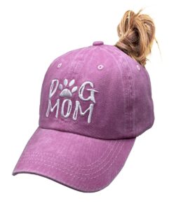 manmesh hatt dog mom ponytail baseball cap messy bun vintage washed distressed twill plain hat for women (pink, one size)