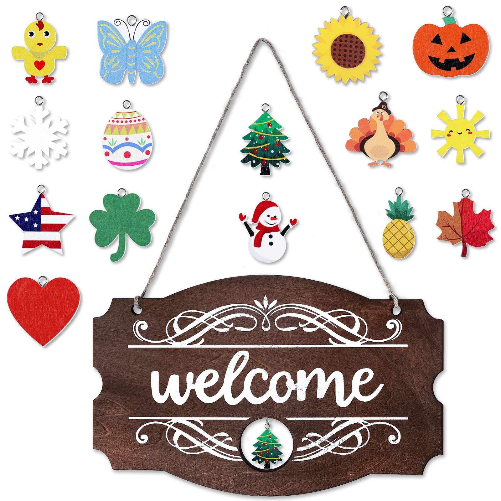 Jetec Welcome Door Sign Christmas Decor Fall Sign Seasonal Front Door Rustic Wood Welcome Sign Wall Hanging Porch Easter Interchangeable 14 x 9 Inch