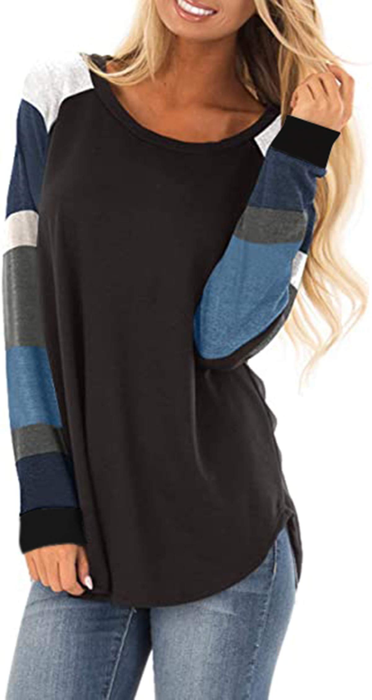 HARHAY 2023 Women's Cotton Knitted Long Sleeve Lightweight Tunic Sweatshirt Tops B-Black&blue Stripe L