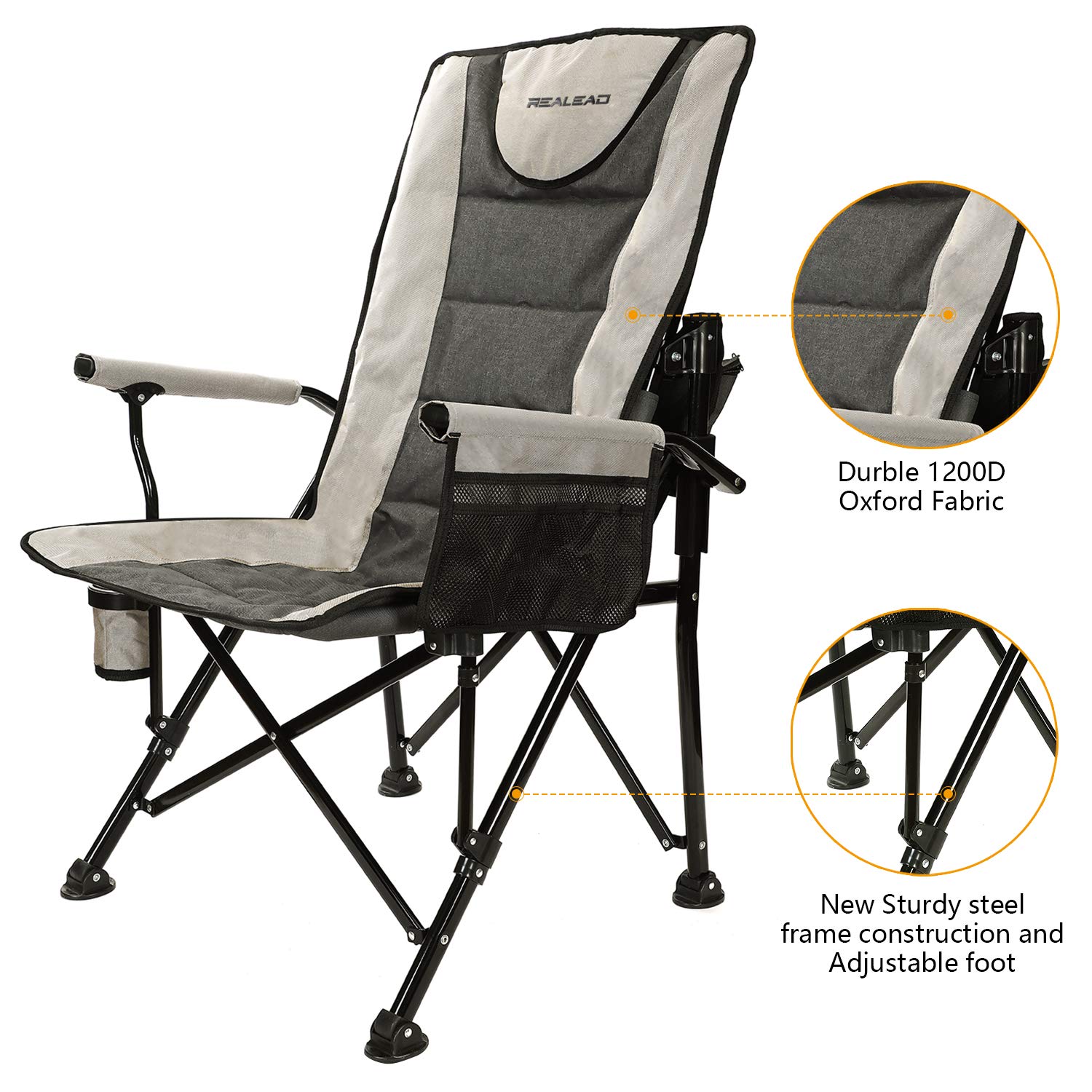 REALEAD Adjustable Oversized Folding Chair High Back Camp Chair Beach Chair Heavy Duty Portable Camping and Lounge Travel Outdoor Seat with Cup Holder,Heavy Duty Supports 400 lbs