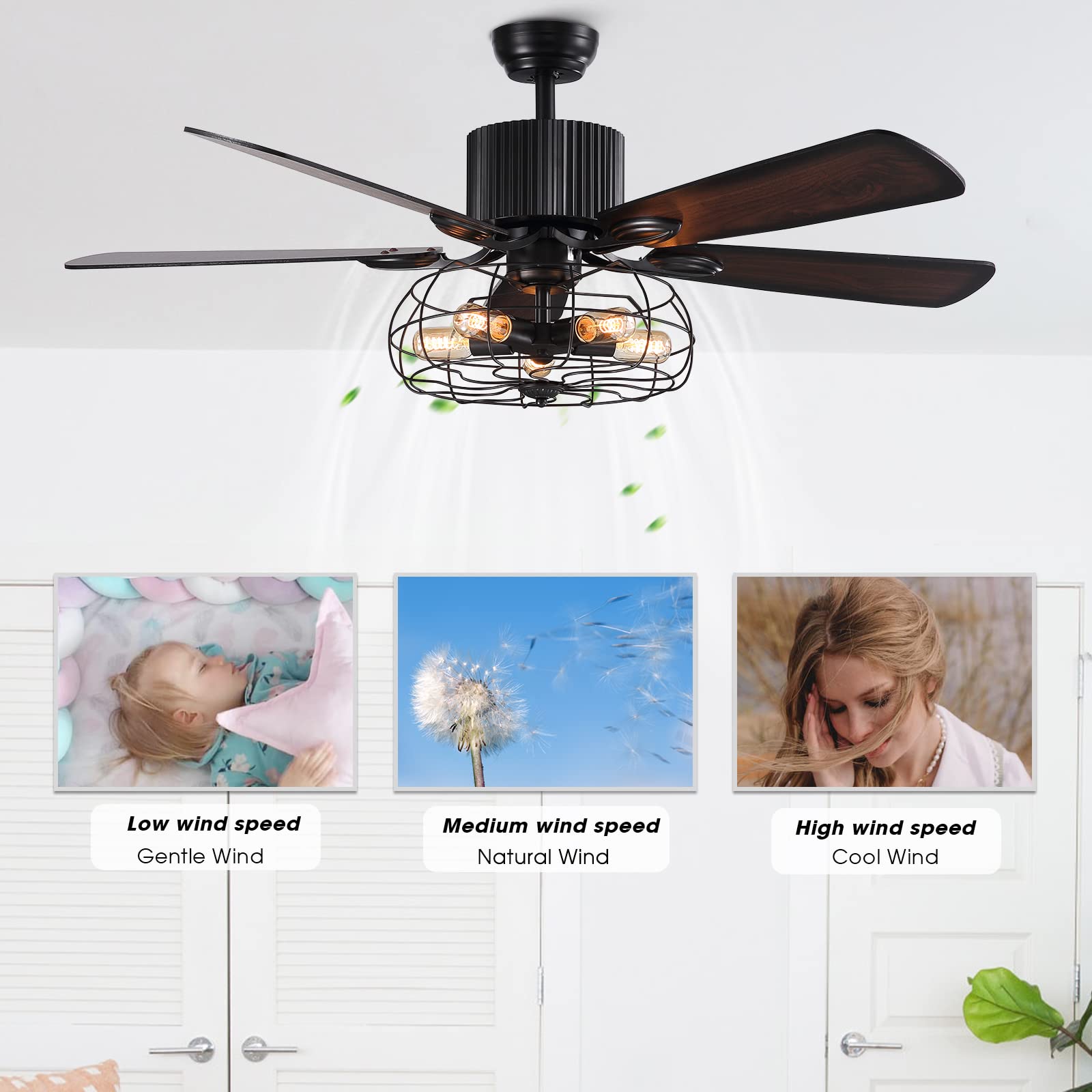 APBEAMLighting Industrial Caged Ceiling Fan Light with Remote Control 52 Inch Vintage Ceiling Fan Light Farmhouse Black Retro Indoor Fandelier with 5 Reversible Wood Blades for Living Room Bedroom