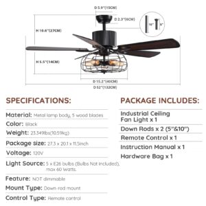 APBEAMLighting Industrial Caged Ceiling Fan Light with Remote Control 52 Inch Vintage Ceiling Fan Light Farmhouse Black Retro Indoor Fandelier with 5 Reversible Wood Blades for Living Room Bedroom