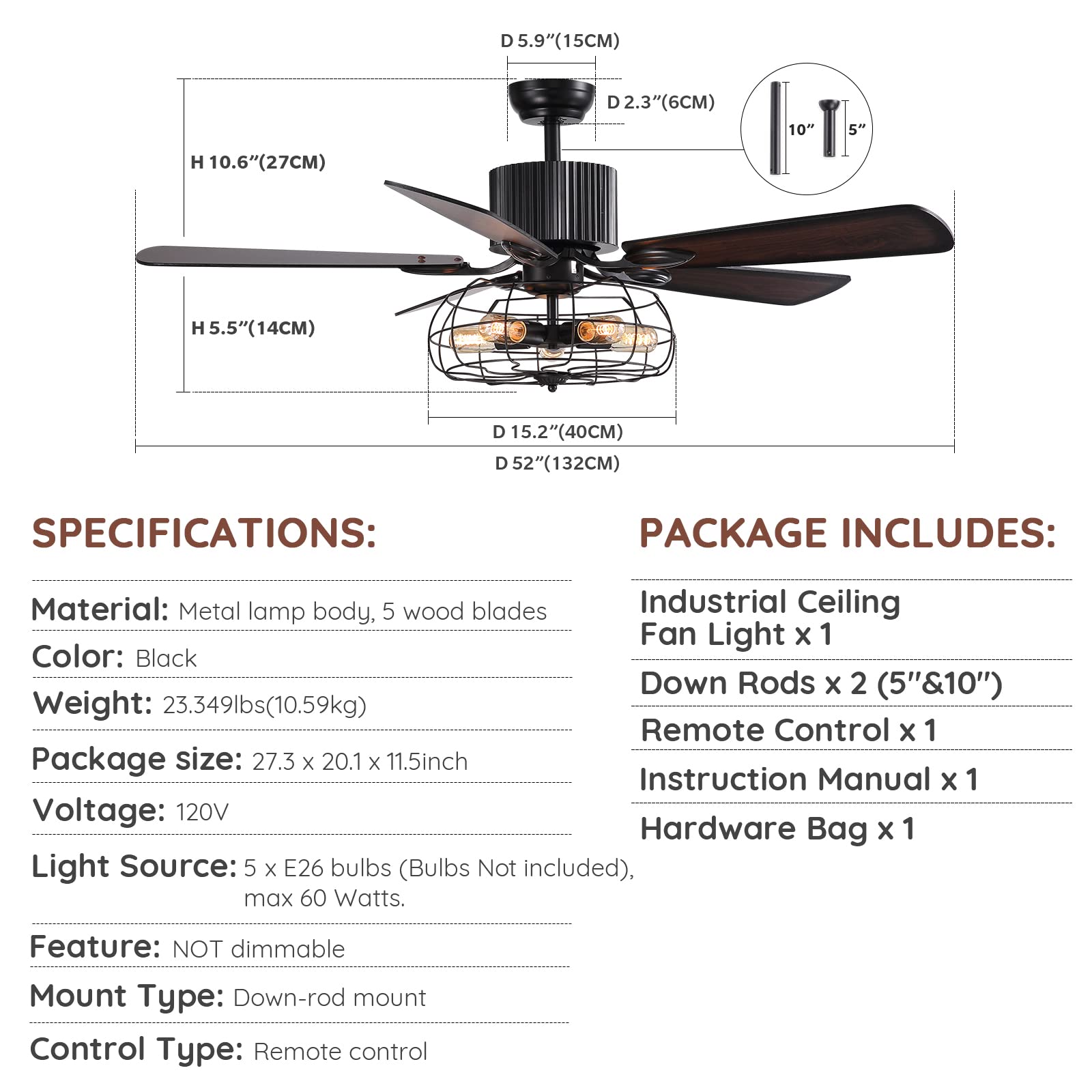 APBEAMLighting Industrial Caged Ceiling Fan Light with Remote Control 52 Inch Vintage Ceiling Fan Light Farmhouse Black Retro Indoor Fandelier with 5 Reversible Wood Blades for Living Room Bedroom