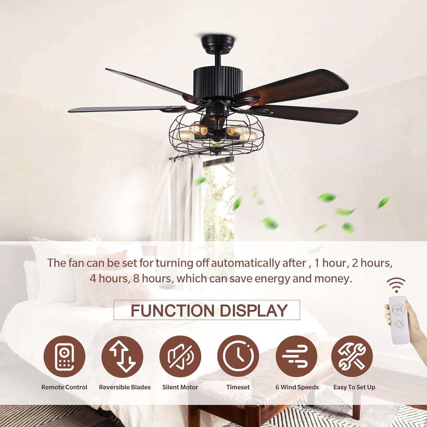 APBEAMLighting Industrial Caged Ceiling Fan Light with Remote Control 52 Inch Vintage Ceiling Fan Light Farmhouse Black Retro Indoor Fandelier with 5 Reversible Wood Blades for Living Room Bedroom