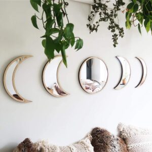 5 pieces scandinavian natural decor acrylic wall decorative mirror interior design wooden moon phase mirror bohemian wall decoration for home living room bedroom decor - not actual mirror (beige)