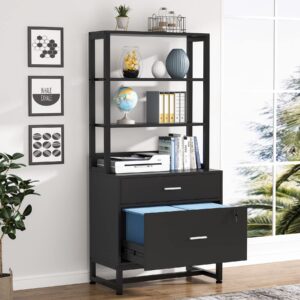 tribesigns 2 drawer lateral file cabinet with lock, letter size large modern filing cabinet printer stand with open storage shelves for home office, black