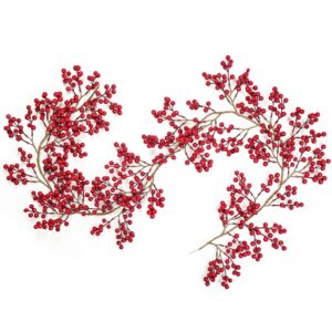 artiflr red berry garland, 6ft flexible artificial red and burgundy berry christmas garland for indoor outdoor home fireplace decoration for winter holiday new year decor