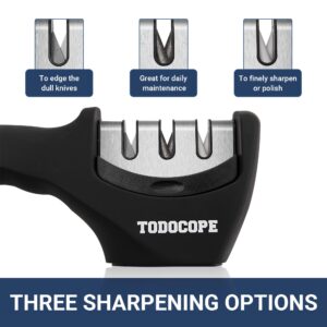 TODOCOPE Premium Chef Knife Sharpener, Professional Kitchen Chef 3 Slot Design, Manual Knife Sharpener Kit, black, medium